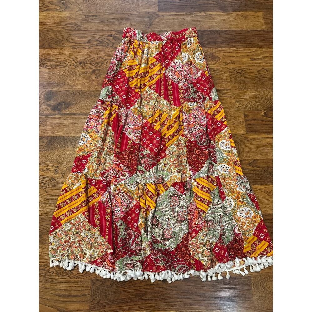 Luukse Patchwork Fringe Maxi Skirt Women’s Large Multicolor Eclectic Unique